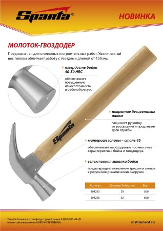 Молоток-гвоздодер, 560 г, боек 29 мм, деревянная рукоятка Sparta
