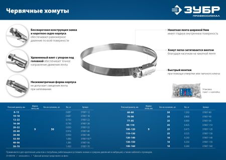 ЗУБР Х-9Н, 100 - 120 мм, накатная лента 9 мм, цинк, 25 шт, червячный хомут (37807-120)